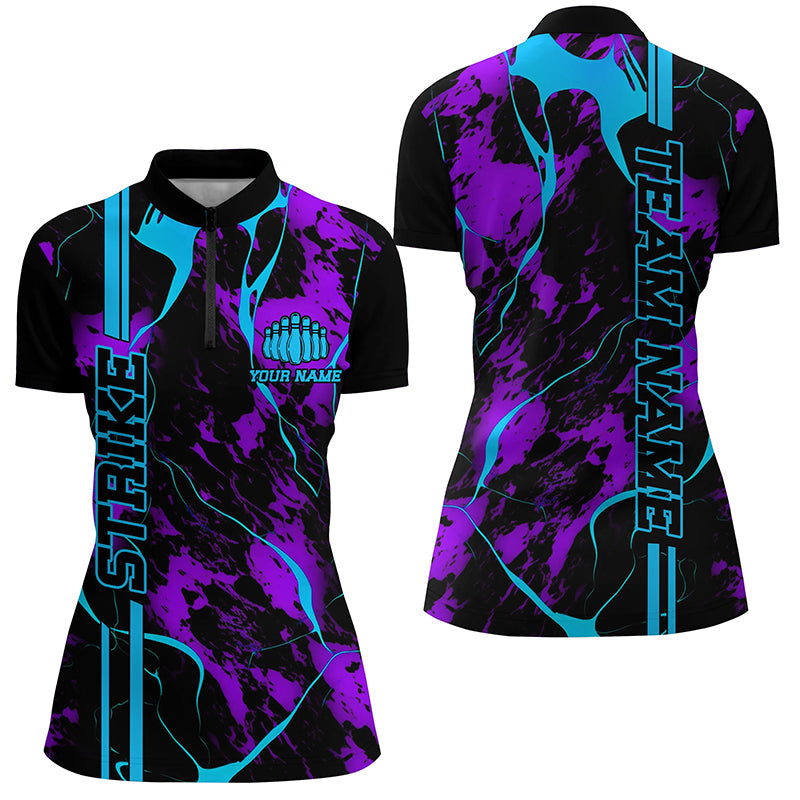 Women's Camo Bowling Quarter Zip Shirt - Blue Purple Strike I5386
