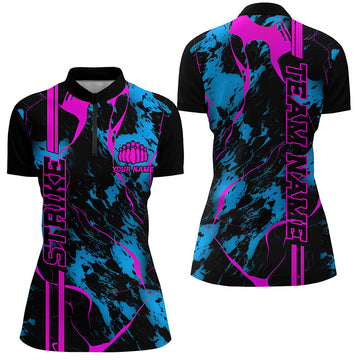 Women's Camo Bowling Team Quarter Zip Shirt - Blue & Pink I5387