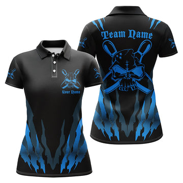 Women's Custom Blue Skull Bowling Team Shirt I4483