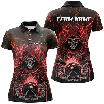 Women's Black & Red Lightning Skull Bowling Shirt - Halloween Theme I7090