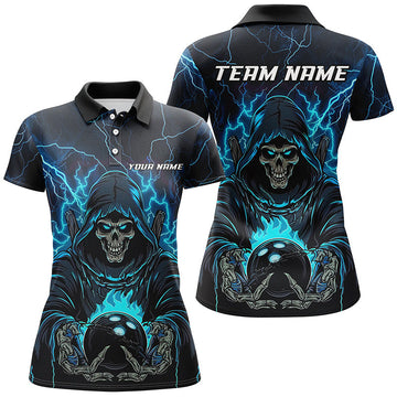Women's Black & Blue Lightning Skull Bowling Shirt - Halloween Theme I7091