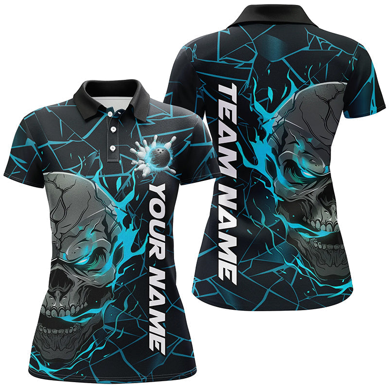 Women's Blue Flame Skull Bowling Shirts - Halloween Team Outfits I7098
