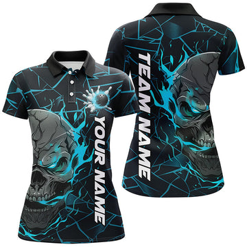 Women's Blue Flame Skull Bowling Shirts - Halloween Team Outfits I7098