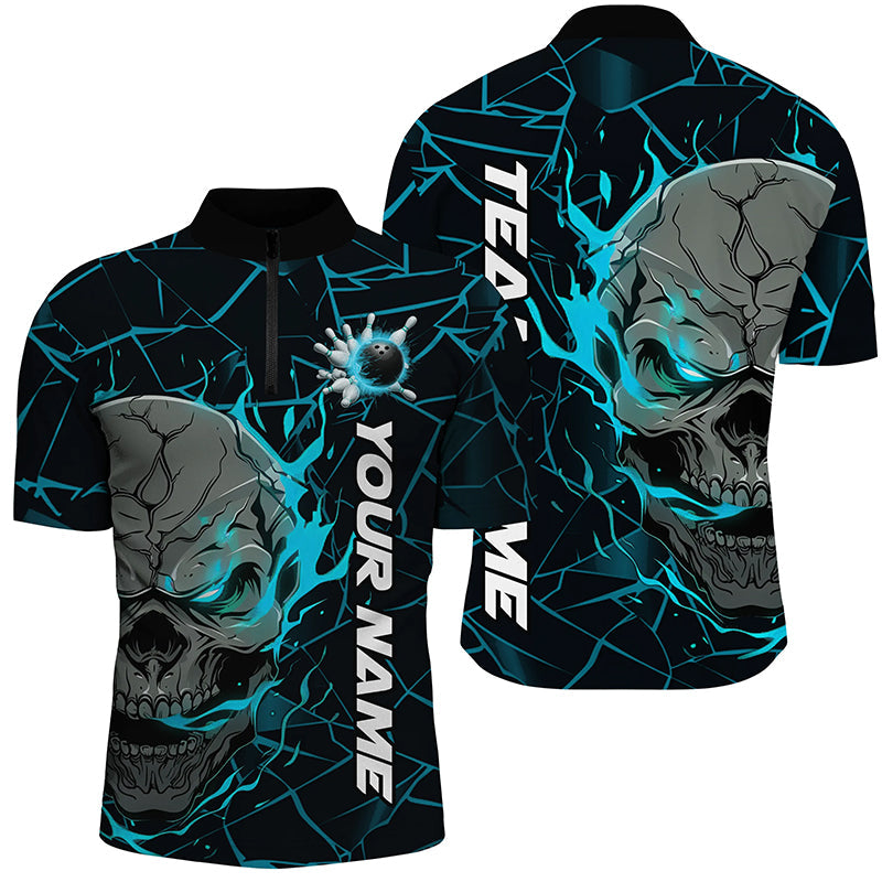 Men's Custom Blue Flame Skull Bowling Shirt - Halloween Team Outfit I7098
