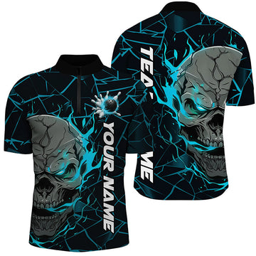 Men's Custom Blue Flame Skull Bowling Shirt - Halloween Team Outfit I7098
