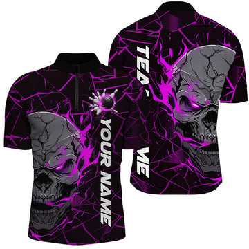 Men's Purple Flame Skull Bowling Shirt - Halloween Team Outfit I7099
