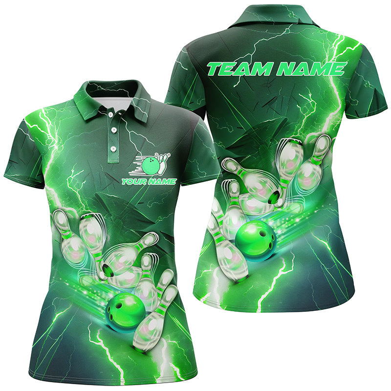 Women's Green Bowling Polo Shirt - Lightning Strike Team Jersey I5220
