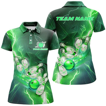 Women's Green Bowling Polo Shirt - Lightning Strike Team Jersey I5220