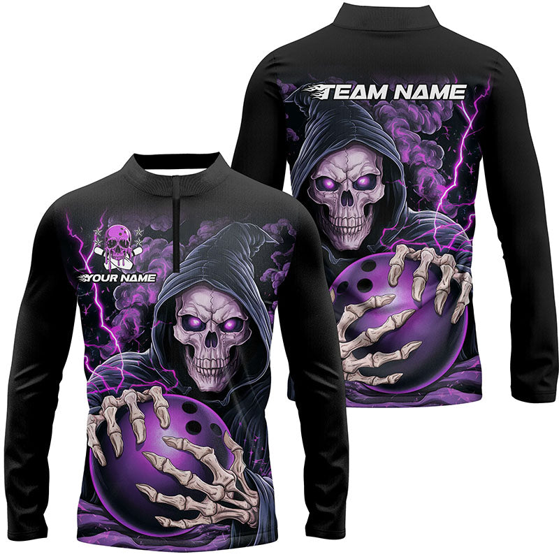 Men's Purple Skull Halloween Bowling Long Sleeve Quarter Zip I6799