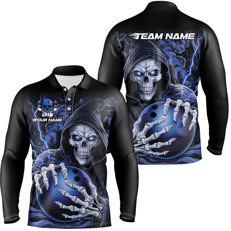 Men's Custom Blue Skull Long Sleeve Bowling Polo - Halloween Team I6800