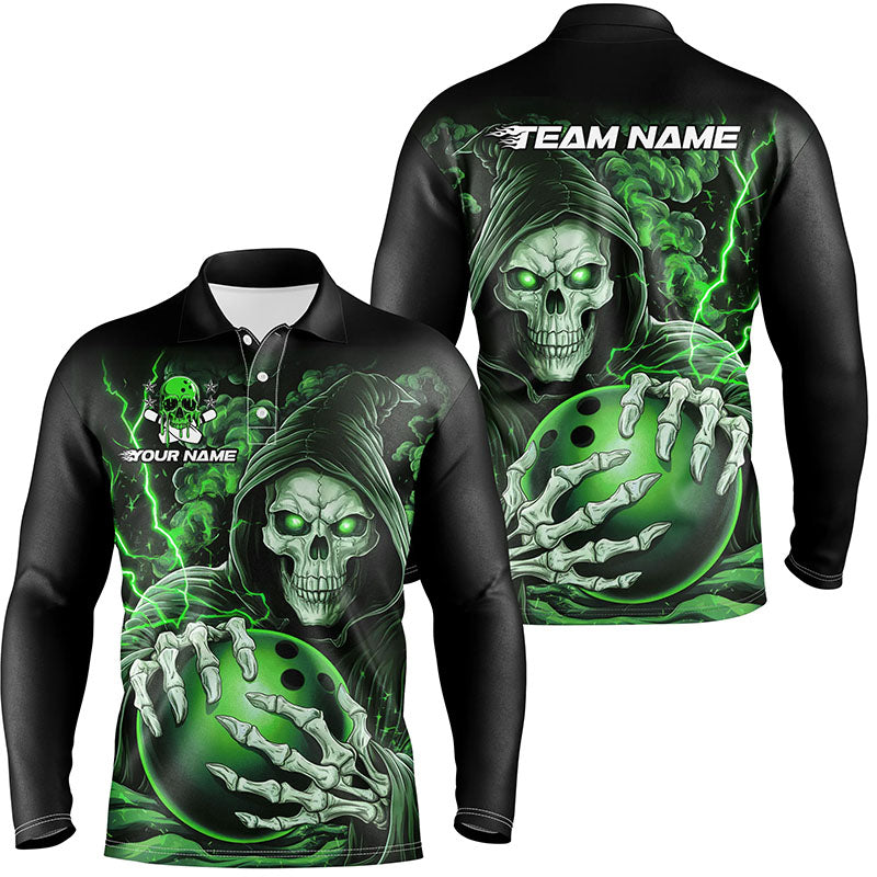 Men's Green Skull Halloween Bowling Long Sleeve Polo I6801
