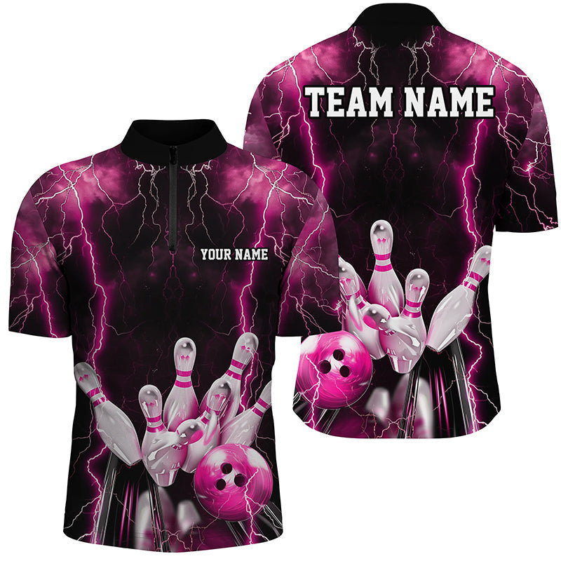 Men's Custom Black & Pink Thunder Bowling Shirts I7158