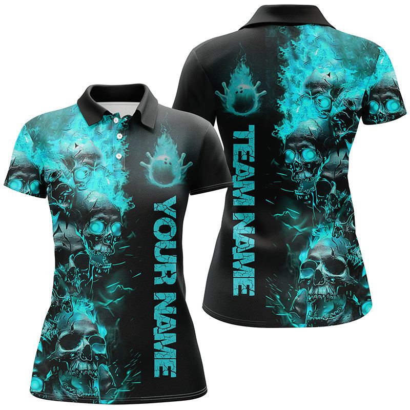 Women's Blue Flame Skull Bowling Shirt - Halloween Team Outfit I7170