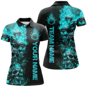 Women's Blue Flame Skull Bowling Shirt - Halloween Team Outfit I7170