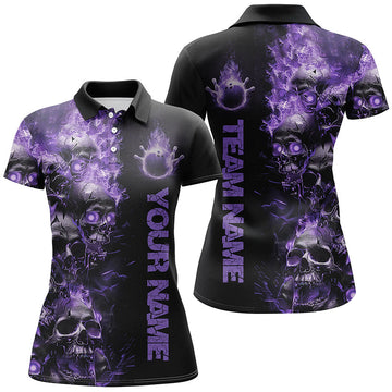 Custom Purple Flame Skull Ladies Bowling Shirt I7171