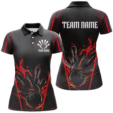 Women's Custom Black & Red Flame Bowling Shirts I7174