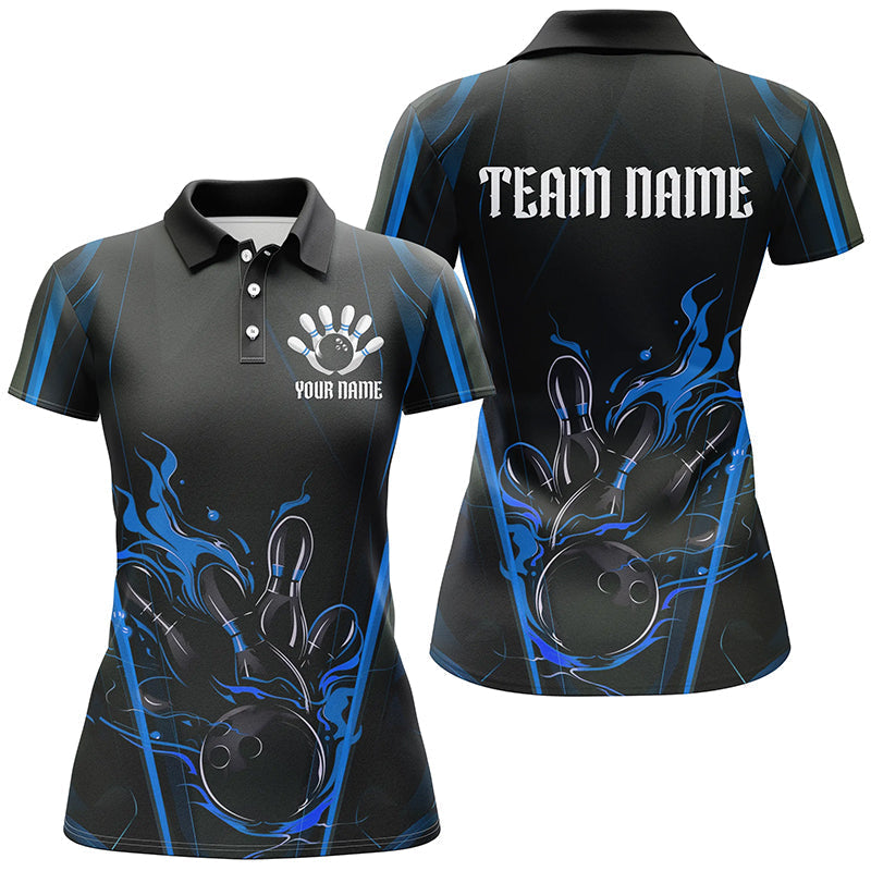 Women's Custom Bowling League Shirts - Black & Blue Flame I7175