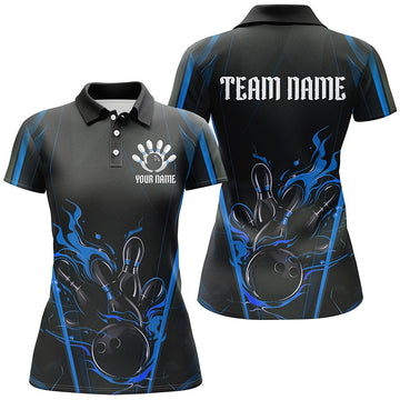 Women's Custom Bowling League Shirts - Black & Blue Flame I7175