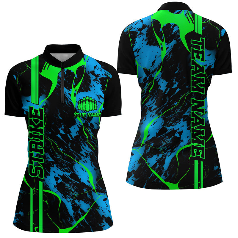 Women's Custom Bowling Quarter Zip Shirt - Black, Green & Blue I5263