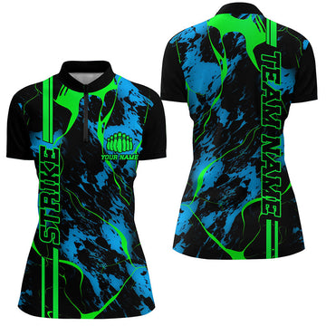 Women's Custom Bowling Quarter Zip Shirt - Black, Green & Blue I5263