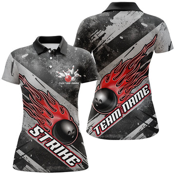 Women's Custom Black & Red Flame Bowling Team Shirts I6478