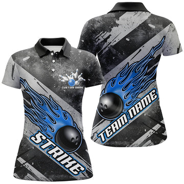 Women's Custom Bowling Team Shirts - Black & Blue Flame Jerseys I6479