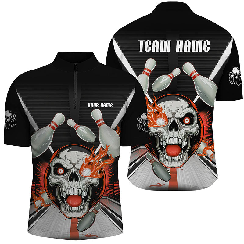 Men's Custom Skull Flame Bowling Quarter Zip Shirt - Red/Orange I6857