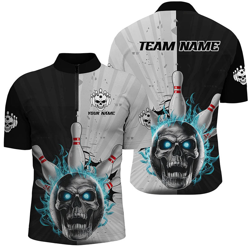 Men's Vintage Blue Flame Skull Bowling Shirt I6860