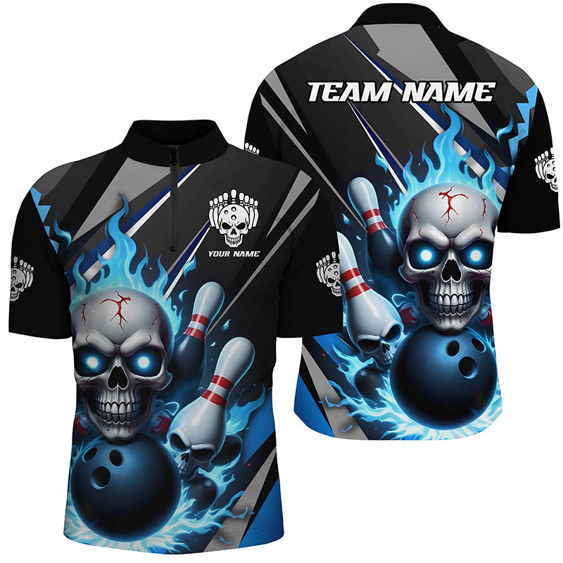 Men's Blue Flame Bowling Quarter Zip Shirt - Halloween Skull I6864