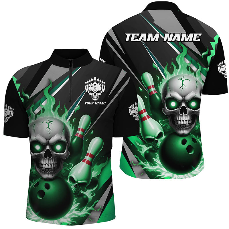 Green Flame Halloween Skull Bowling Quarter Zip Shirt for Men I6866