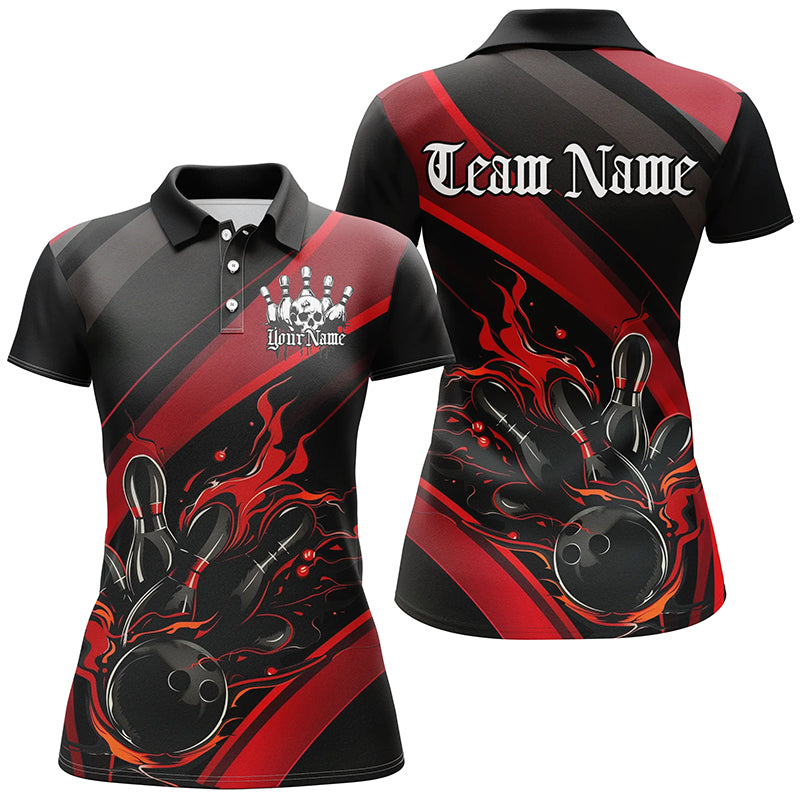 Women's Black & Red Flame Bowling Shirts - Skull Halloween Team Outfits I7205
