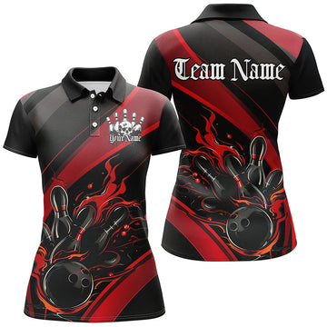 Women's Black & Red Flame Bowling Shirts - Skull Halloween Team Outfits I7205