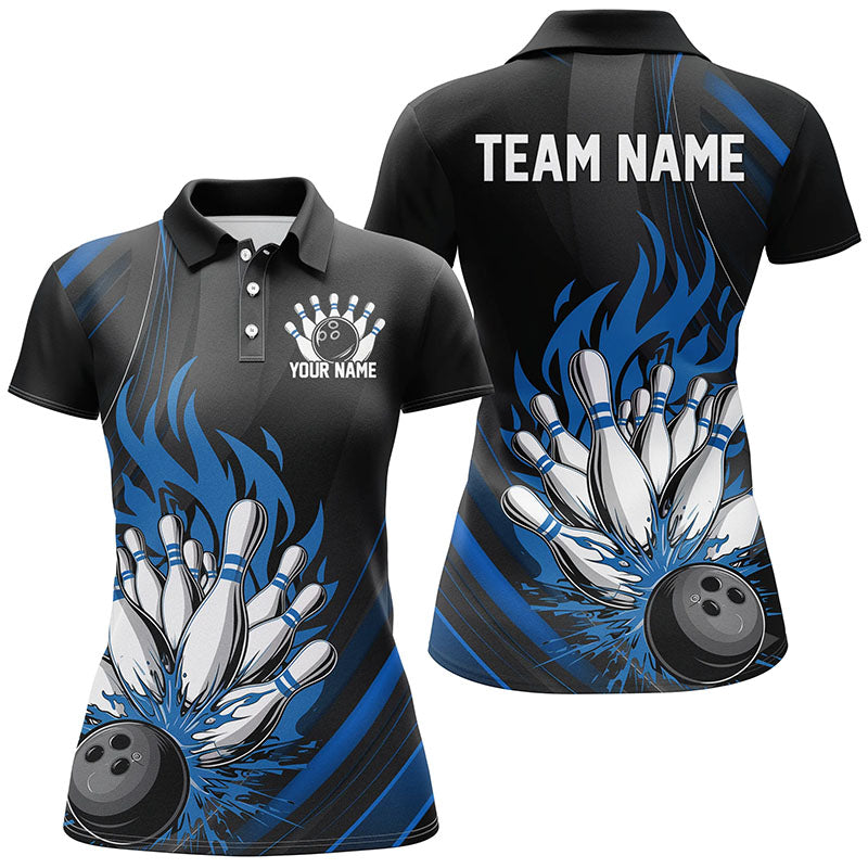 Personalised Ladies' Black & Blue Flame Bowling Shirt I7208