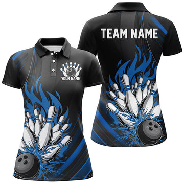 Personalised Ladies' Black & Blue Flame Bowling Shirt I7208