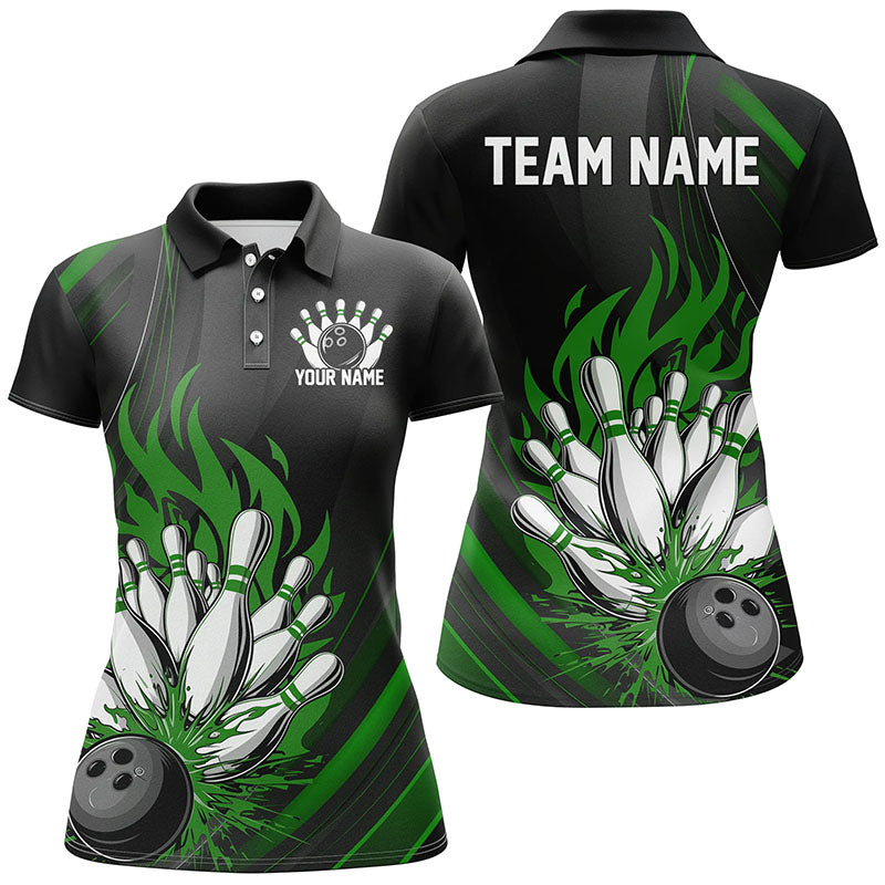 Personalised Ladies Bowling Shirt, Black & Green Flame I7209
