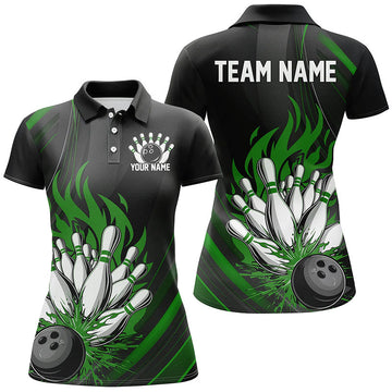 Personalised Ladies Bowling Shirt, Black & Green Flame I7209