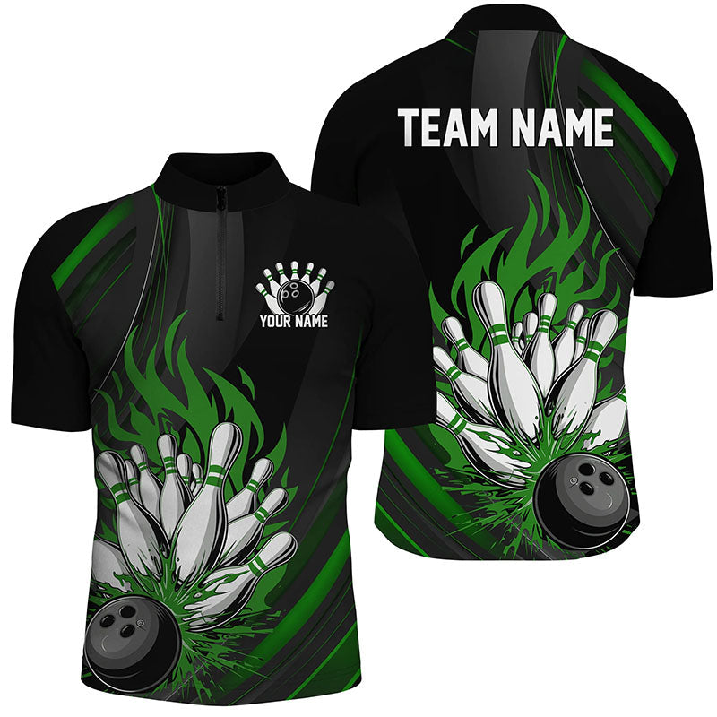 Men's Black and Green Flame Bowling Team Shirt I7209
