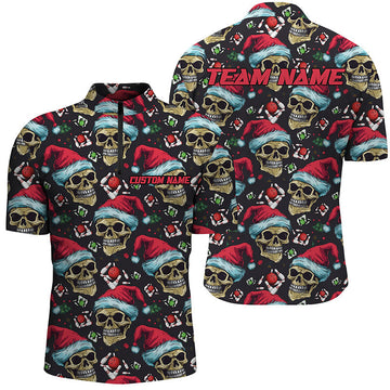Men's Christmas Skull Santa Hat Bowling Quarter Zip Shirt I5317