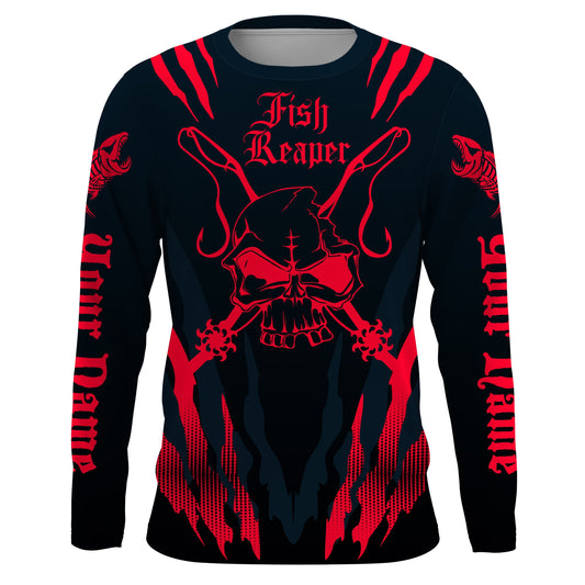 Fish reaper Custom Long Sleeve performance Fishing Shirts, Skull Fishing jerseys |black and red IPHW3016