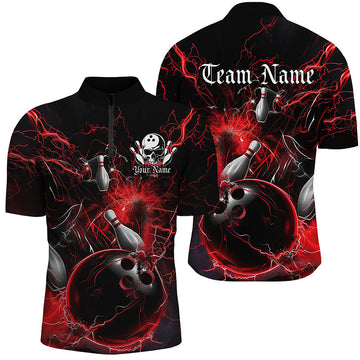 Men's Custom Black & Red Thunder Bowling Shirts I7261
