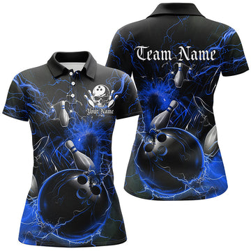 Custom Ladies Bowling Shirts - Black & Blue Thunder Lightning I7262