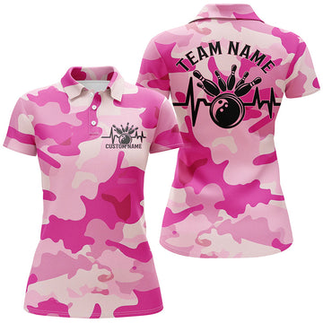 Women's Custom Blue Pink Camo Bowling Team Shirts I6703