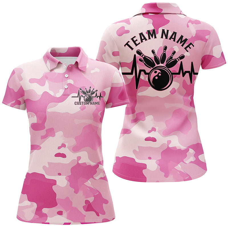 Women's Custom Blue Pink Camo Bowling Team Shirts I6704
