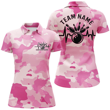 Women's Custom Blue Pink Camo Bowling Team Shirts I6704