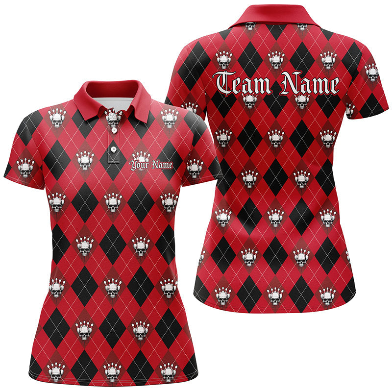 Black & Red Argyle Skull Ladies Bowling Shirt - Halloween I7297