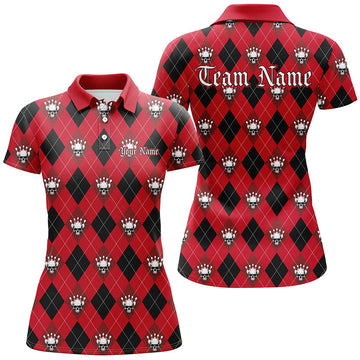 Black & Red Argyle Skull Ladies Bowling Shirt - Halloween I7297