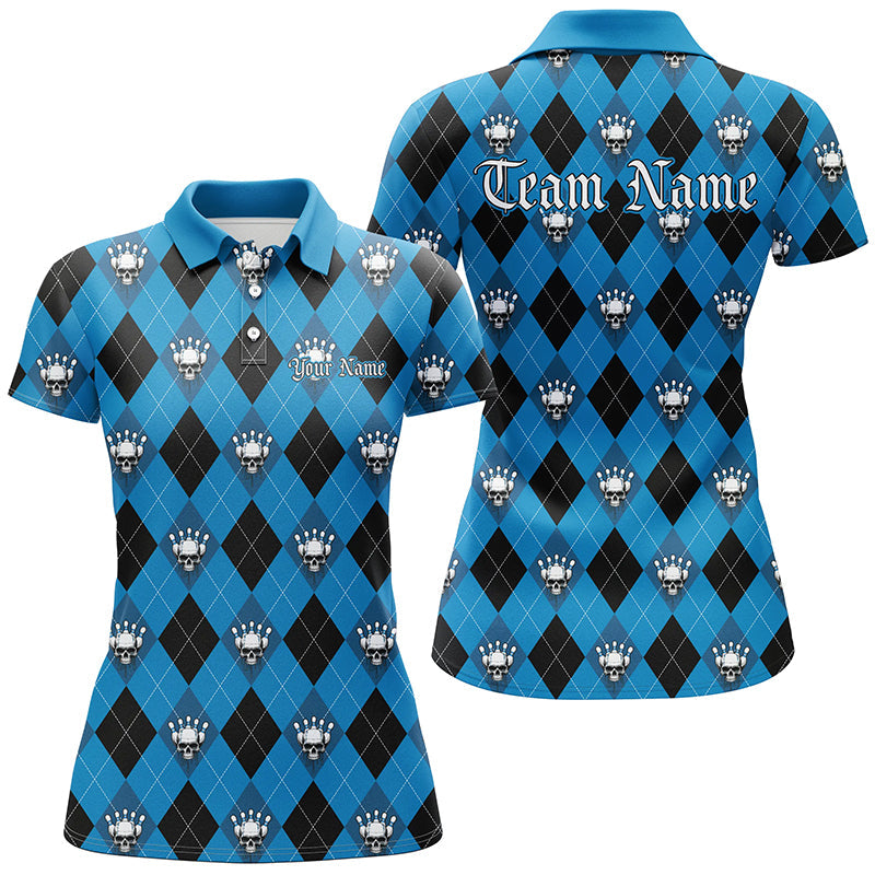 Black & Blue Argyle Skull Ladies Bowling Shirt - Halloween I7298