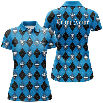 Black & Blue Argyle Skull Ladies Bowling Shirt - Halloween I7298