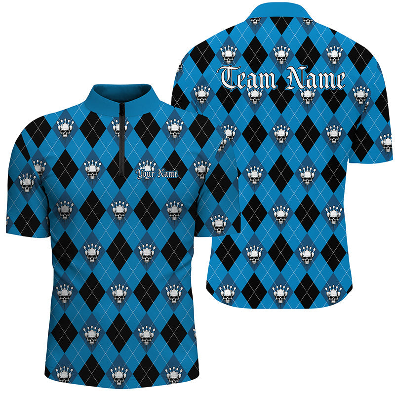 Men's Black & Blue Argyle Skull Bowling Shirt - Halloween Outfit i7298