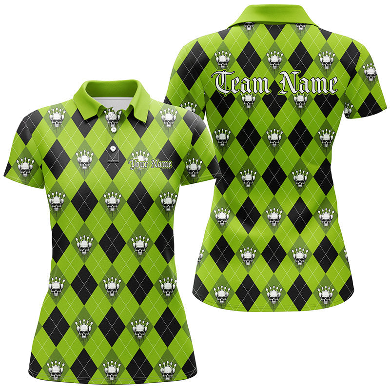 Women's Green Argyle Skull Bowling Shirt - Halloween Outfit I7299